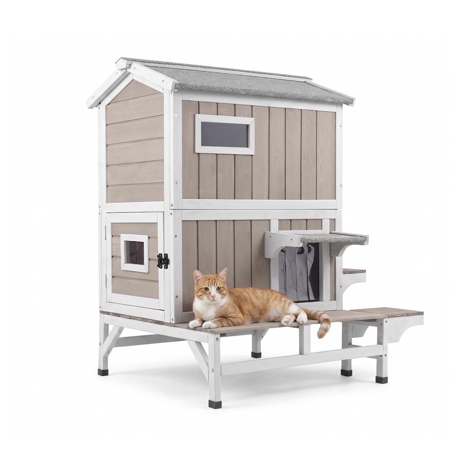 Outdoor Wooden Cat House with Balcony, 3 Jump Platforms & Openable Roof-PET73