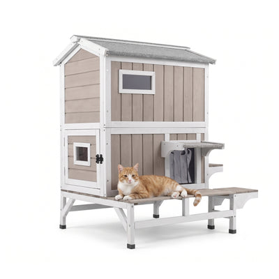 Outdoor Wooden Cat House with Balcony, 3 Jump Platforms & Openable Roof-PET73