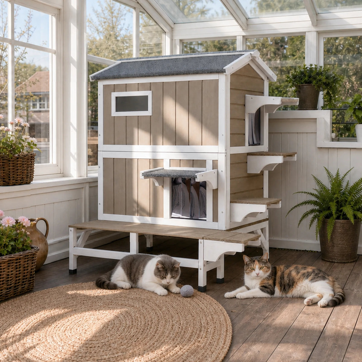 2-Story Insulated Wooden Cat House with Balcony & Open Roof - PET73-TI