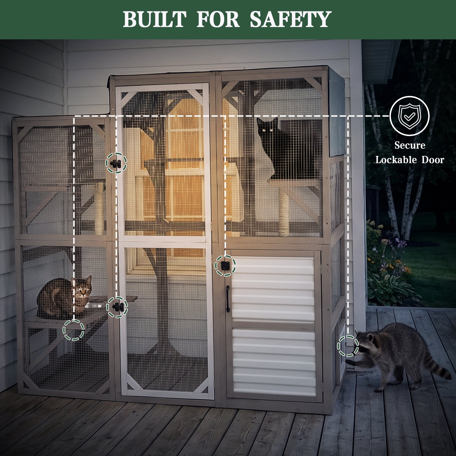 Large Walk-in Wooden Catio with Storage Cabinet, 7 Platforms, Resting Boxes, Scratching Posts – PET96