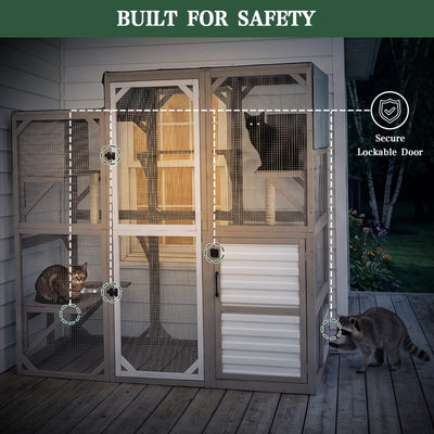 Large Walk-in Wooden Catio with Storage Cabinet, 7 Platforms, Resting Boxes, Scratching Posts – PET96