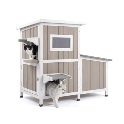 2-Story Weatherproof Wooden Cat House with 3 Escape Doors - PET19