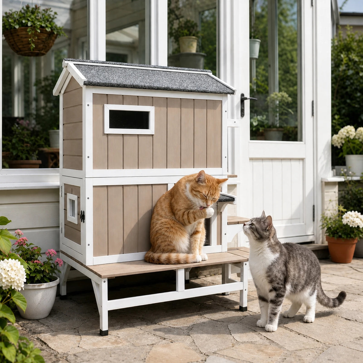 2-Story Insulated Wooden Cat House with Balcony & Open Roof - PET73-TI