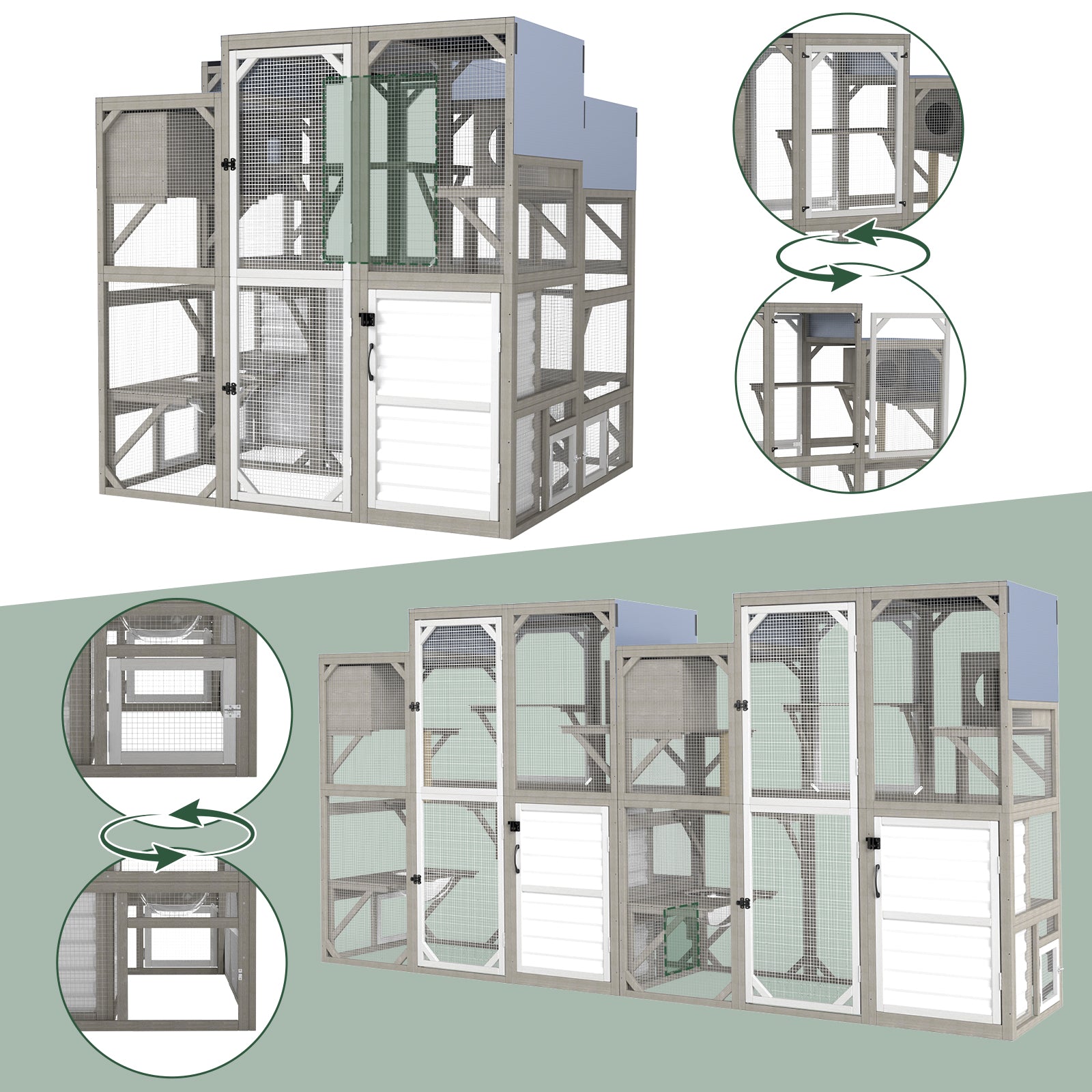 Large Walk-in Wooden Catio with Storage Cabinet, 7 Platforms