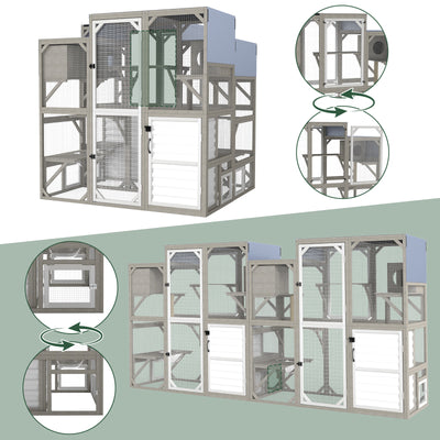 Large Walk-in Wooden Catio with Storage Cabinet, 7 Platforms, Resting Boxes, Scratching Posts – PET96