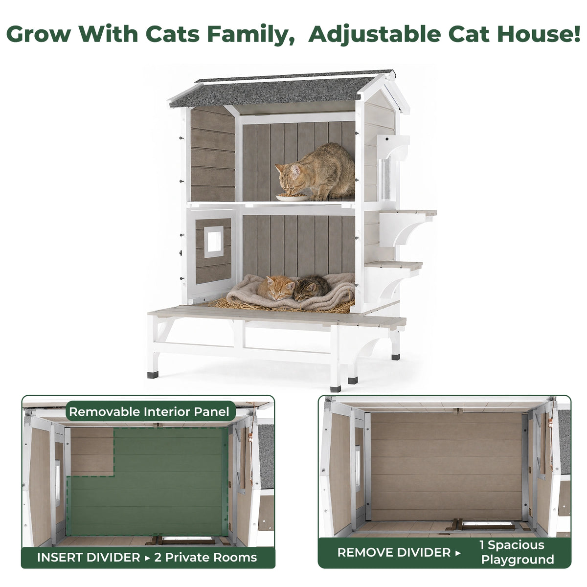 2-Story Insulated Wooden Cat House with Balcony & Open Roof - PET73-TI