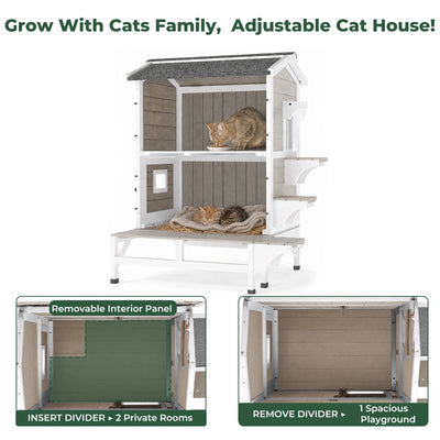 2-Story Insulated Wooden Cat House with Balcony & Open Roof - PET73-TI