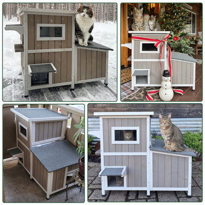 2-Story Weatherproof Wooden Cat House with 3 Escape Doors - PET19