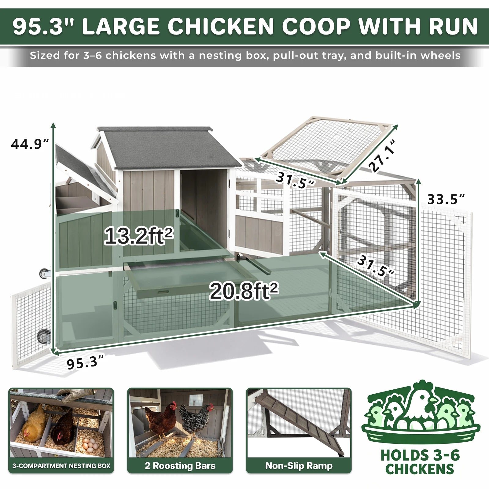 Medium Chicken Coop with Run for 4-8 Chickens Expandable to Large Coop - PET24