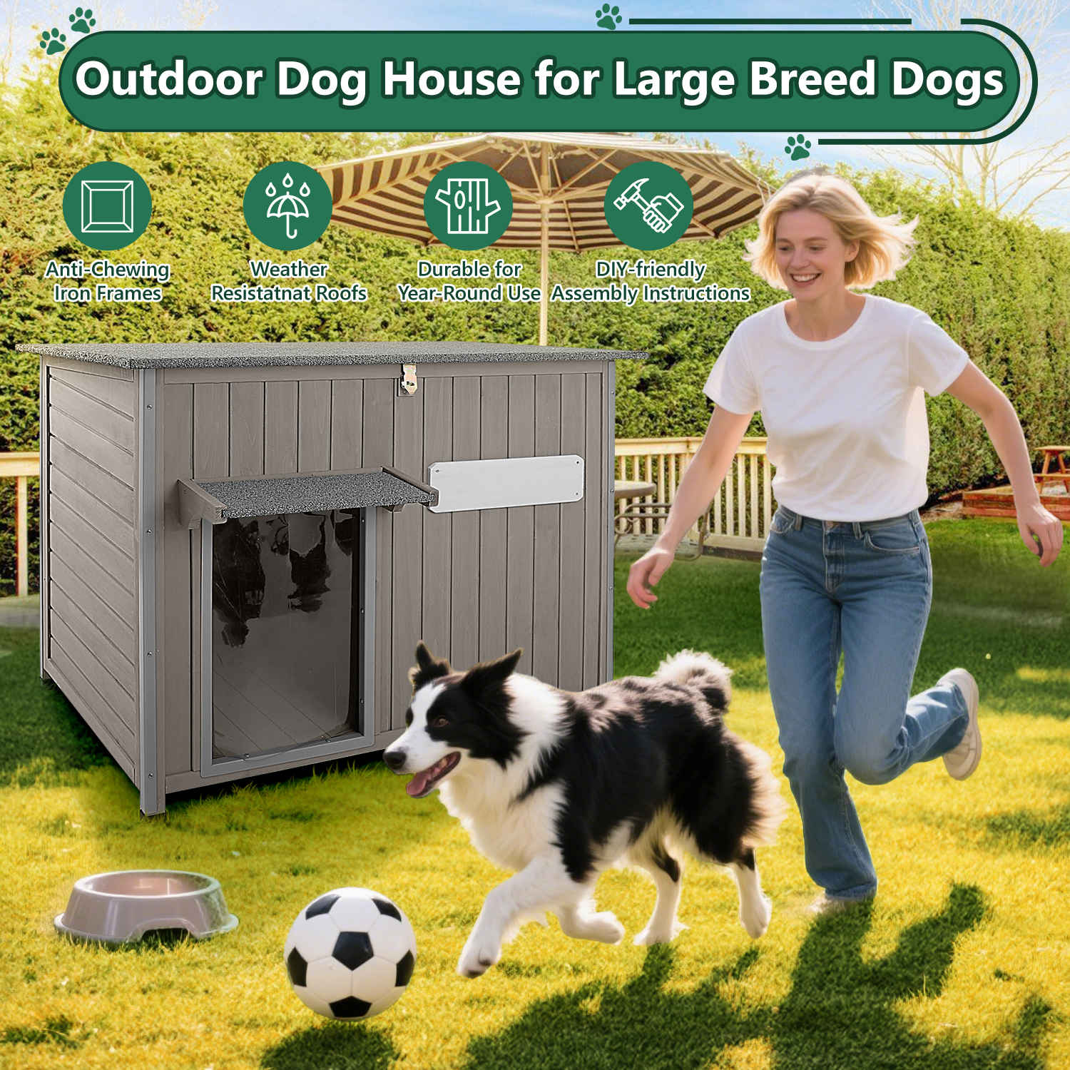 PETSCOSSET 43.3" Large Outdoor Dog House, Weatherproof Wooden Kennel for Dogs Up to 180lbs, Anti-Chew Frame, Window & Raised Base