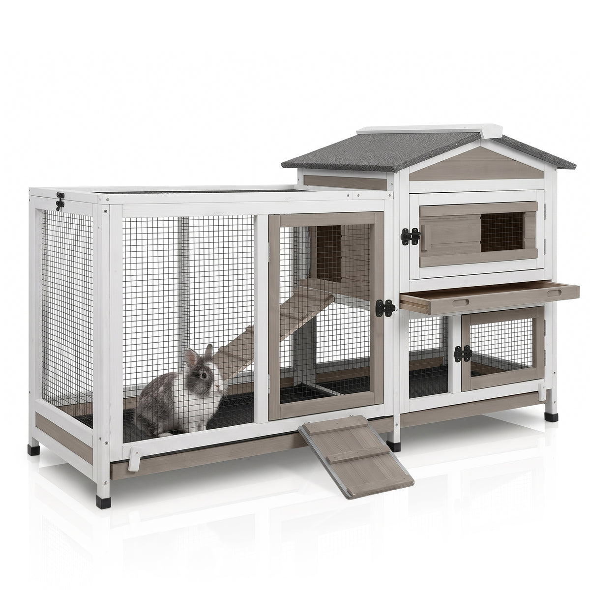 PETSCOSSET Rabbit Hutch (55.3"L) - 2-Story, Wheels & 3 Trays - RAB14