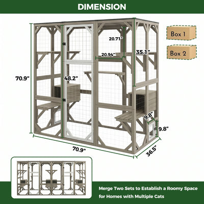 PETSCOSSET 71″ Catio Outdoor Cat Enclosure Large Wooden Cat House with 5 Platforms for Multiple Cats,Wood