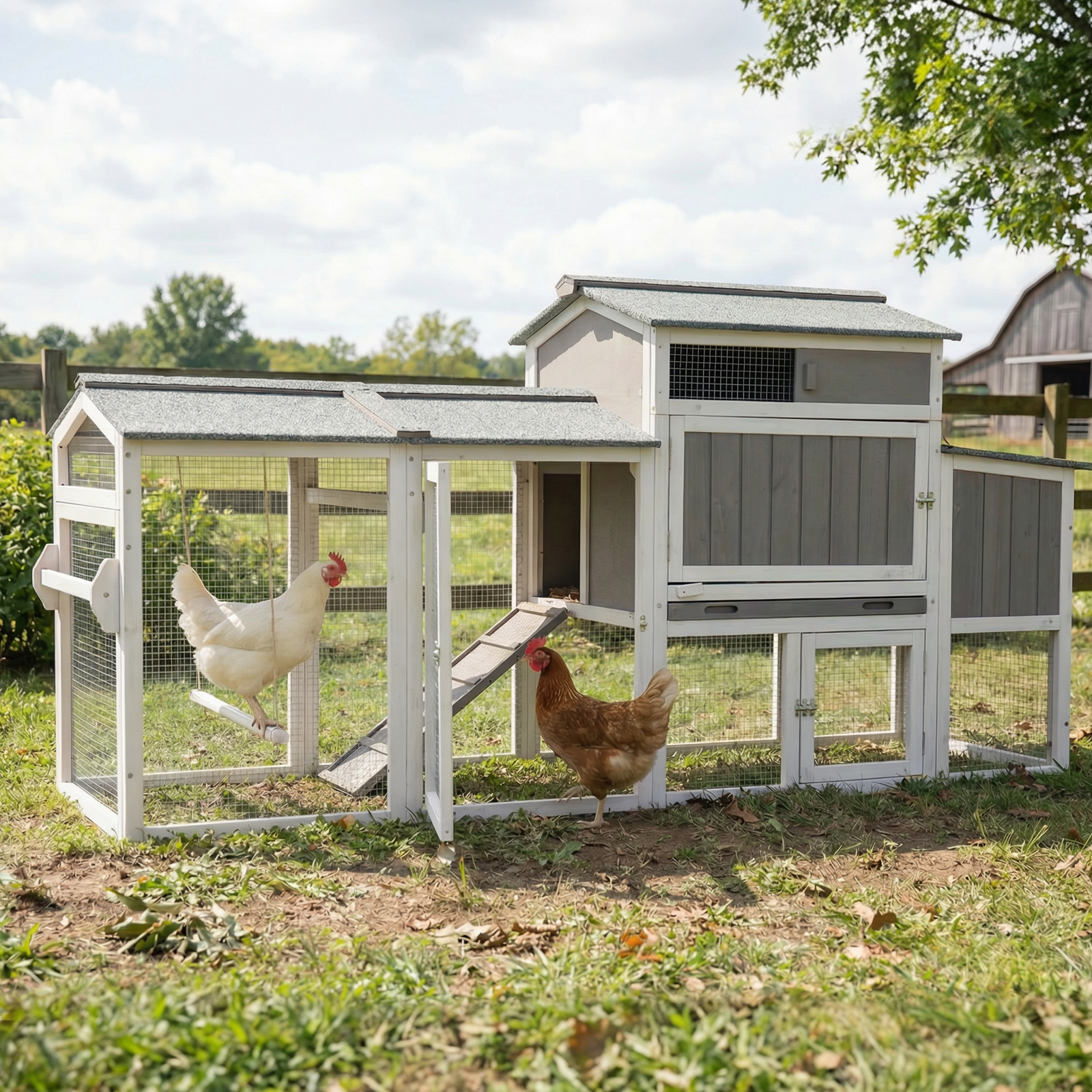 Large Weatherproof Mobile Chicken Coop with Run, Wheels & Swing-PET83-GREYWHITE