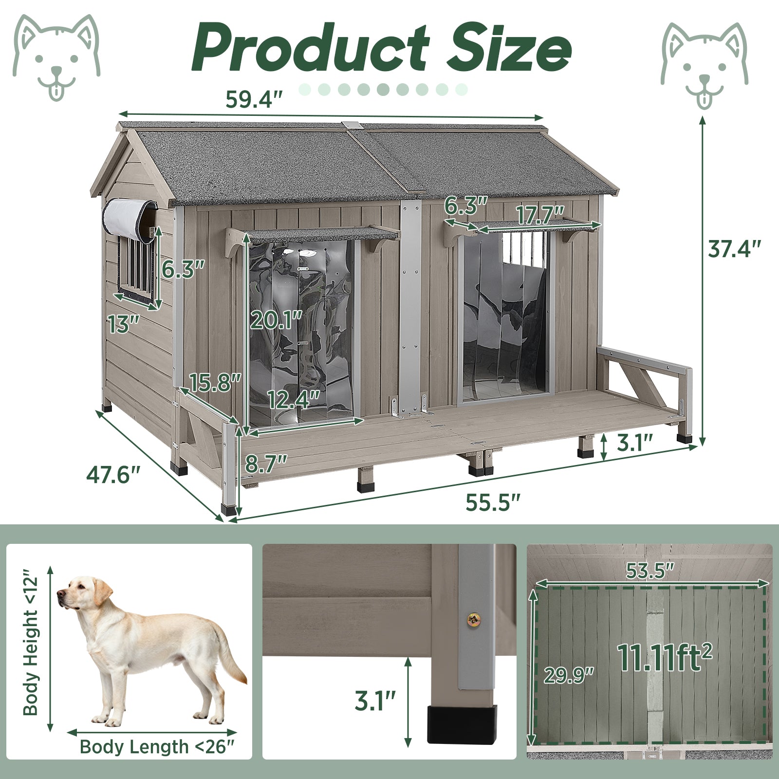 Large Wooden Outdoor Dog House for 2 Dogs, Weatherproof with