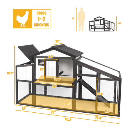 65″L Wooden Hen House with Nesting Box, Run,UV Panel-PET06-BLACKWHITE