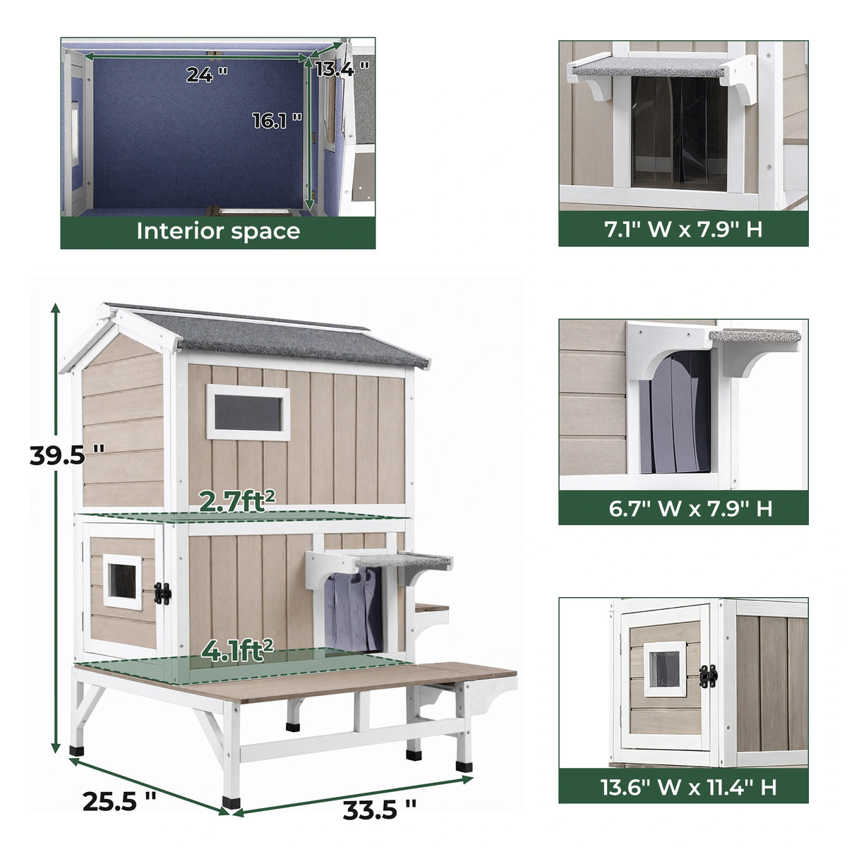 2-Story Insulated Wooden Cat House with Balcony & Open Roof - PET73-TI