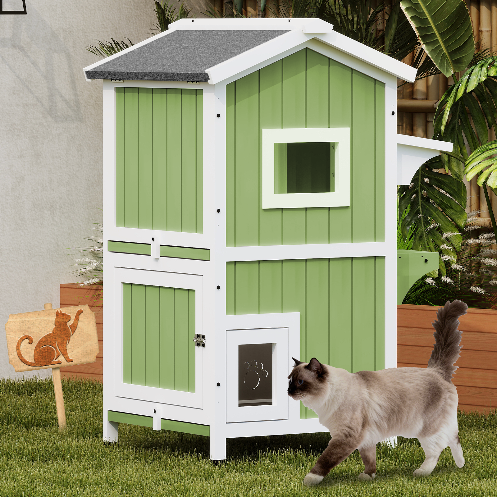 Outdoor Two-Story Weatherproof Wooden Feral Cat Shelter-04-GREENWHITE