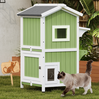 Outdoor Two-Story Weatherproof Wooden Feral Cat Shelter-04-GREENWHITE