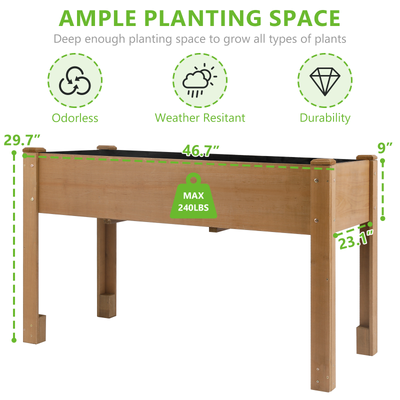 Elevated brown planter box for outdoor gardening