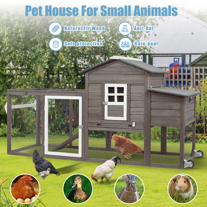 78.7 Combinable Wooden Chicken House with Wheels& Run-PET21W-GREYWHITE