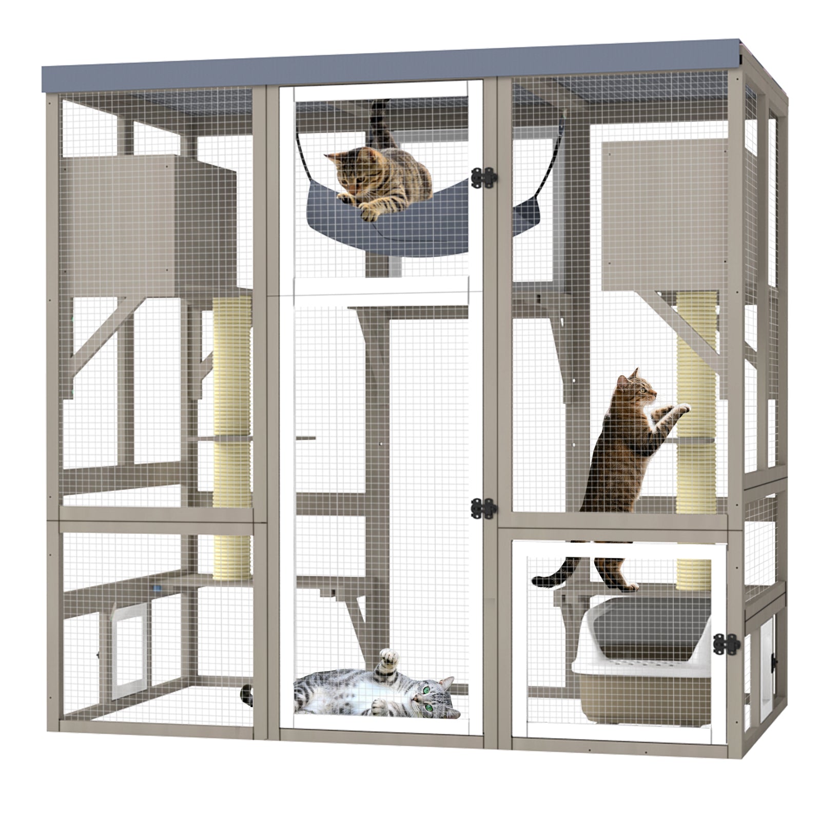 Expandable Multi-Cat Catio with 7 Platforms,2 Rooms, A Hammock & 2 Scratch Posts-PET91