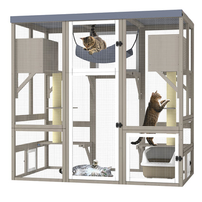 Expandable Multi-Cat Catio with 7 Platforms,2 Rooms, A Hammock & 2 Scratch Posts-PET91
