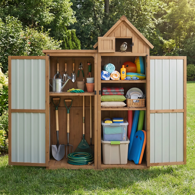 Outdoor Storage Cabinet, Wood & Metal Garden Shed with Lockable Doors-GF41