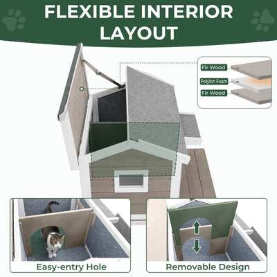 Insulated Outdoor Cat House with Balcony, Weatherproof Wooden Shelter & Open Roof-PET72-TI