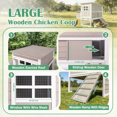 PETSCOSSET Wooden Chicken Coop, Elevated Hen House with 3-Compartment Nesting Box
