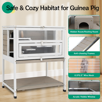 Guinea pig relaxing inside top tier of the cage