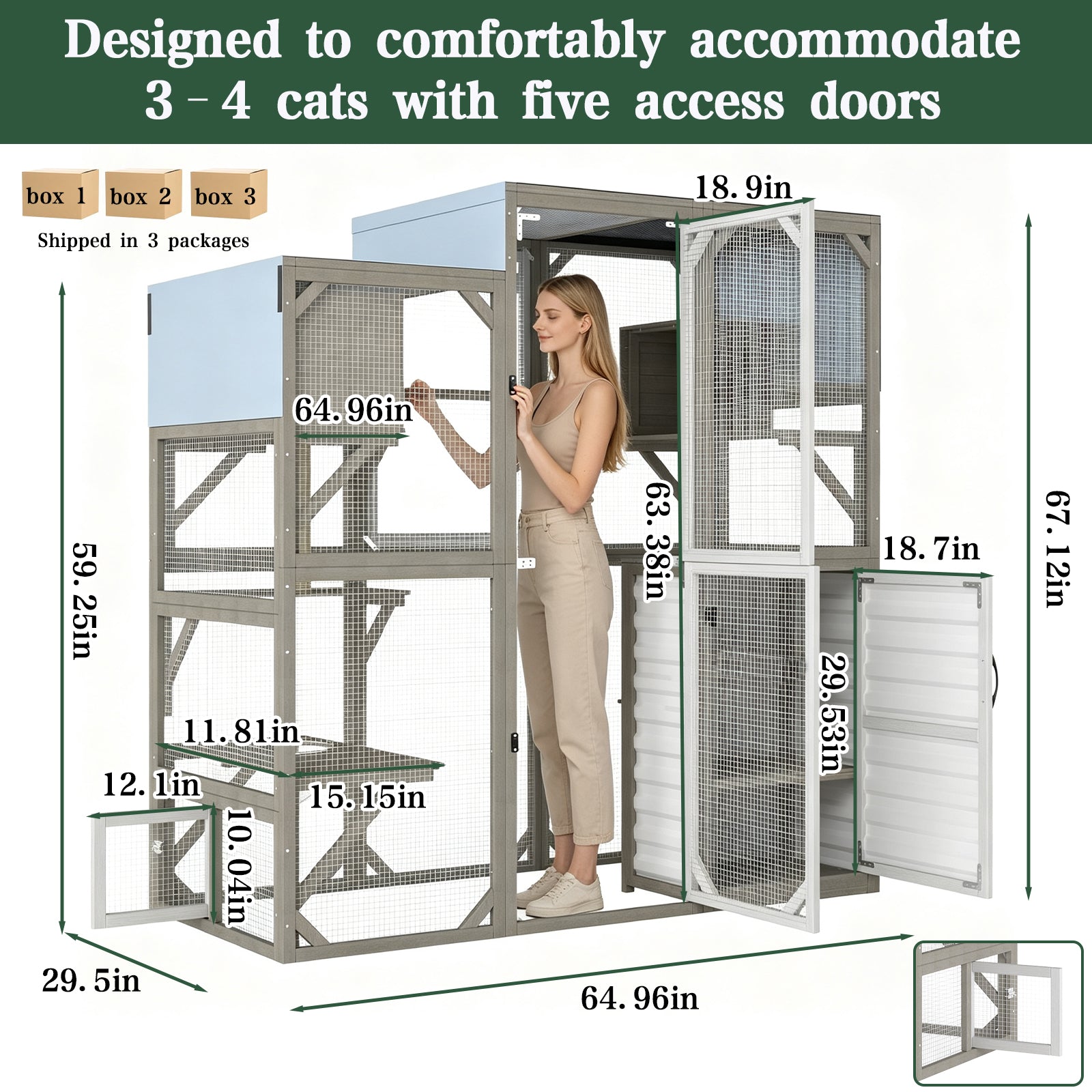 Large Walk-in Wooden Catio with Storage Cabinet, 7 Platforms
