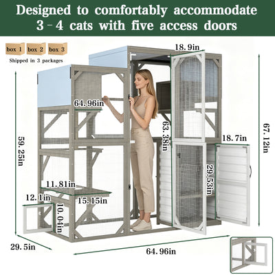 Large Walk-in Wooden Catio with Storage Cabinet, 7 Platforms, Resting Boxes, Scratching Posts – PET96