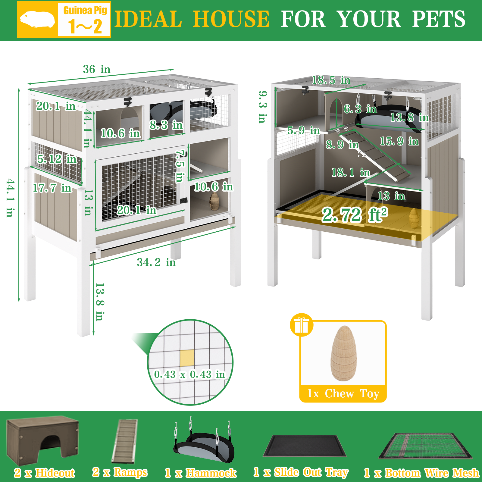 3-Story Wooden Guinea Pig Cage Rabbit Hutch with Stand & Hammock-PET38NEW