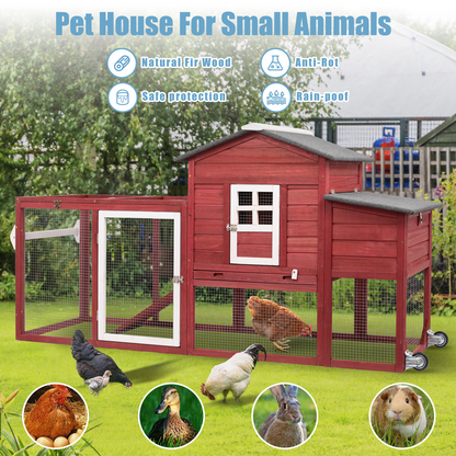 78.7″ Combinable Wooden Chicken Coop with Wheels & Run-PET21W-REDWHITE