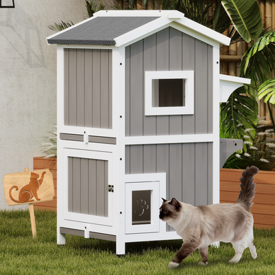 Two-Story Wooden Feral Cat Shelter with Asphalt Roof-04-GREYWHITE