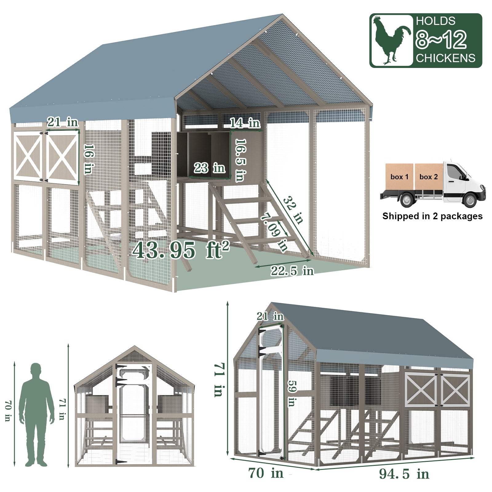Large Chicken Coop for 8-12 Chickens, Walk-In Run with Nesting Boxes-PET29