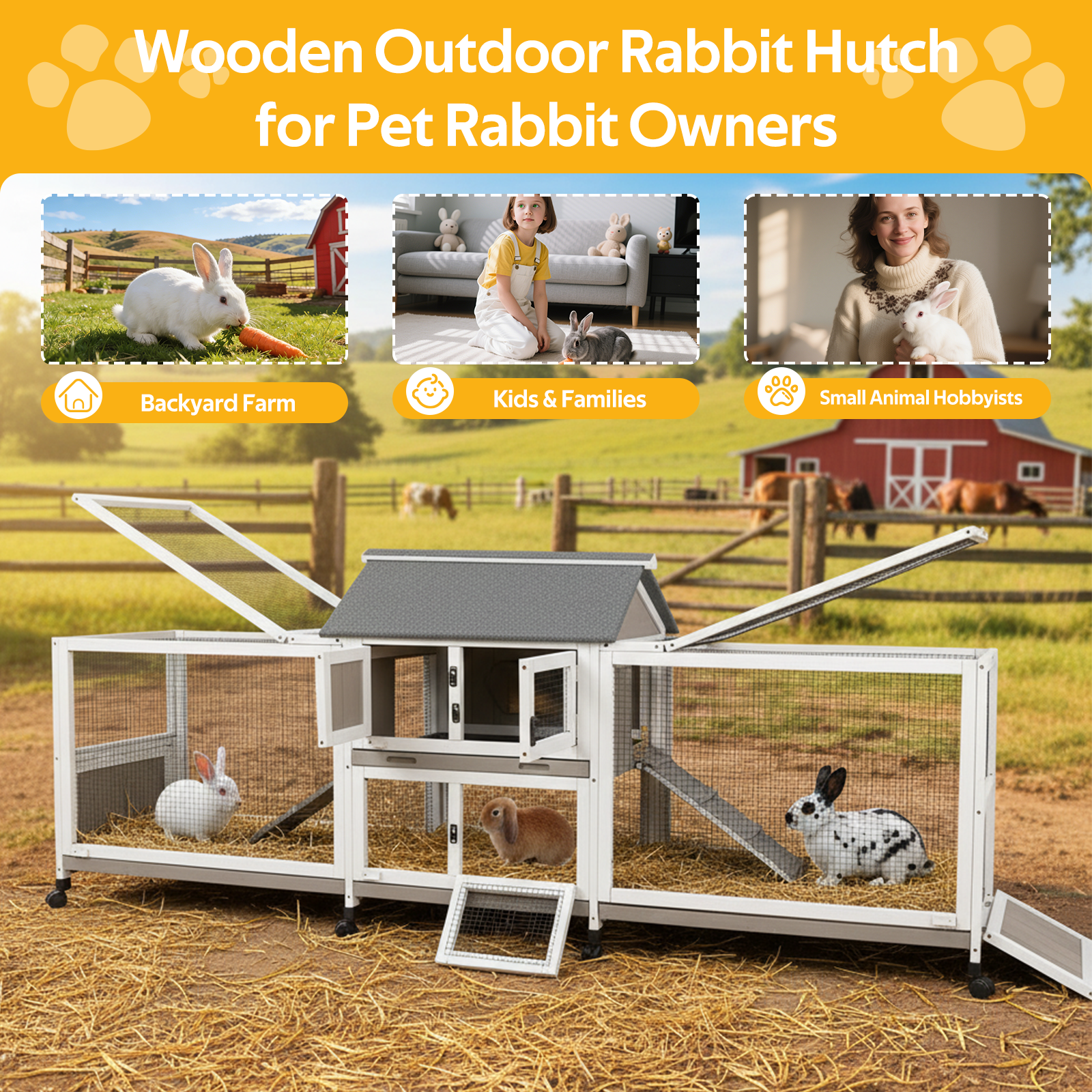 Large Outdoor Wooden Rabbit Hutch with Double Runs & Wheels-PET81