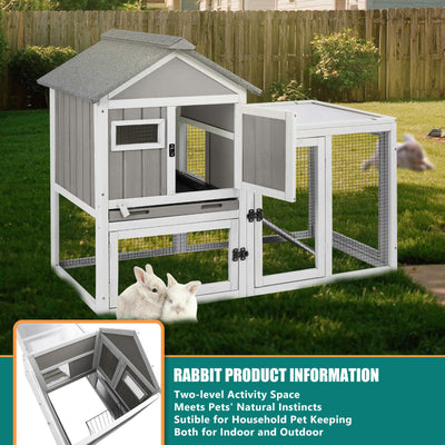 PETSCOSSET 48" Wooden Rabbit Hutch, 2-Story Bunny Cage for Indoors & Outdoors, Waterproof with Tray & Ramp