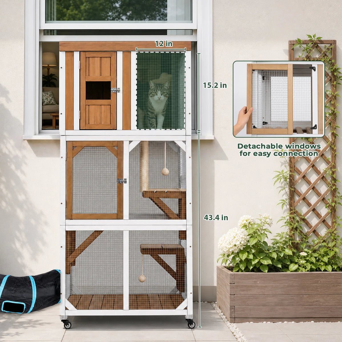 62.6" Rolling Wooden Outdoor Catio with Waterproof Roof & Window Access-PET98