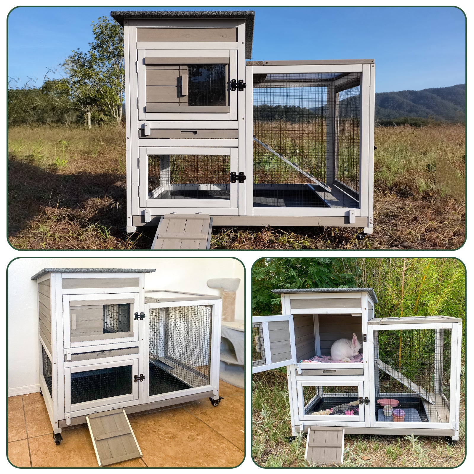 Wooden 2-Story Rabbit Hutch with Wheels & Run-PET32