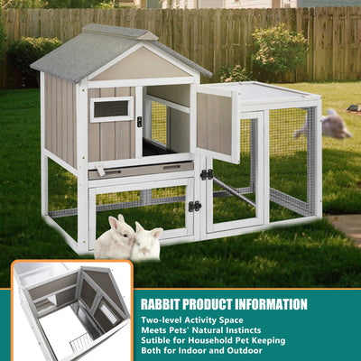 PETSCOSSET 48" Wooden Rabbit Hutch, 2-Story Bunny Cage for Indoors & Outdoors, Waterproof with Tray & Ramp