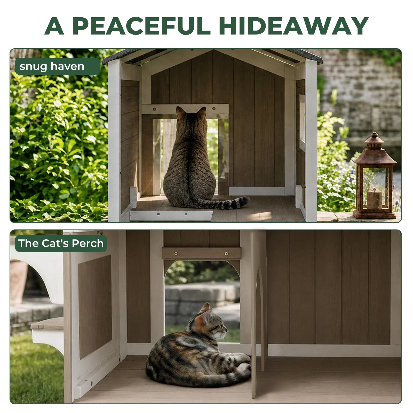 2-Story Insulated Wooden Cat House with Balcony & Open Roof