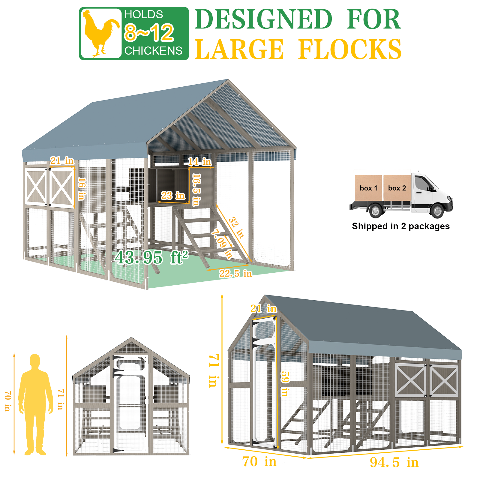 PETSCOSSET Large Wooden Outdoor Chicken Coop Poultry Cage with Waterproof Cover, Nesting Boxes for 8–12 Chickens
