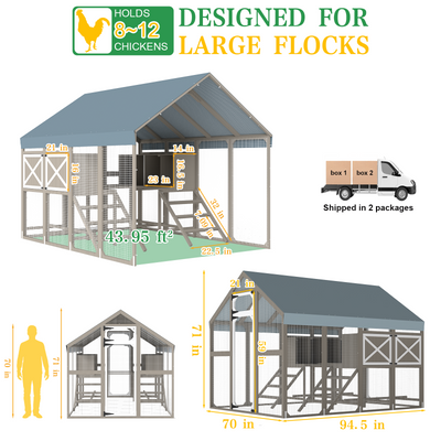 PETSCOSSET Large Wooden Outdoor Chicken Coop Poultry Cage with Waterproof Cover, Nesting Boxes for 8–12 Chickens