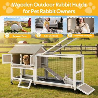PETSCOSSET Rabbit Hutch Outdoor Indoor Bunny Hutch with Run 2-Story Large Rabbit Cage on 6 Wheels, 3 Leak Proof Trays, Ramp, Waterproof Roof for Small to Medium Animals, Expandable Design