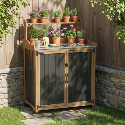 Mobile Potting Bench & Storage Cabinet with Lockable Wheels-GF40