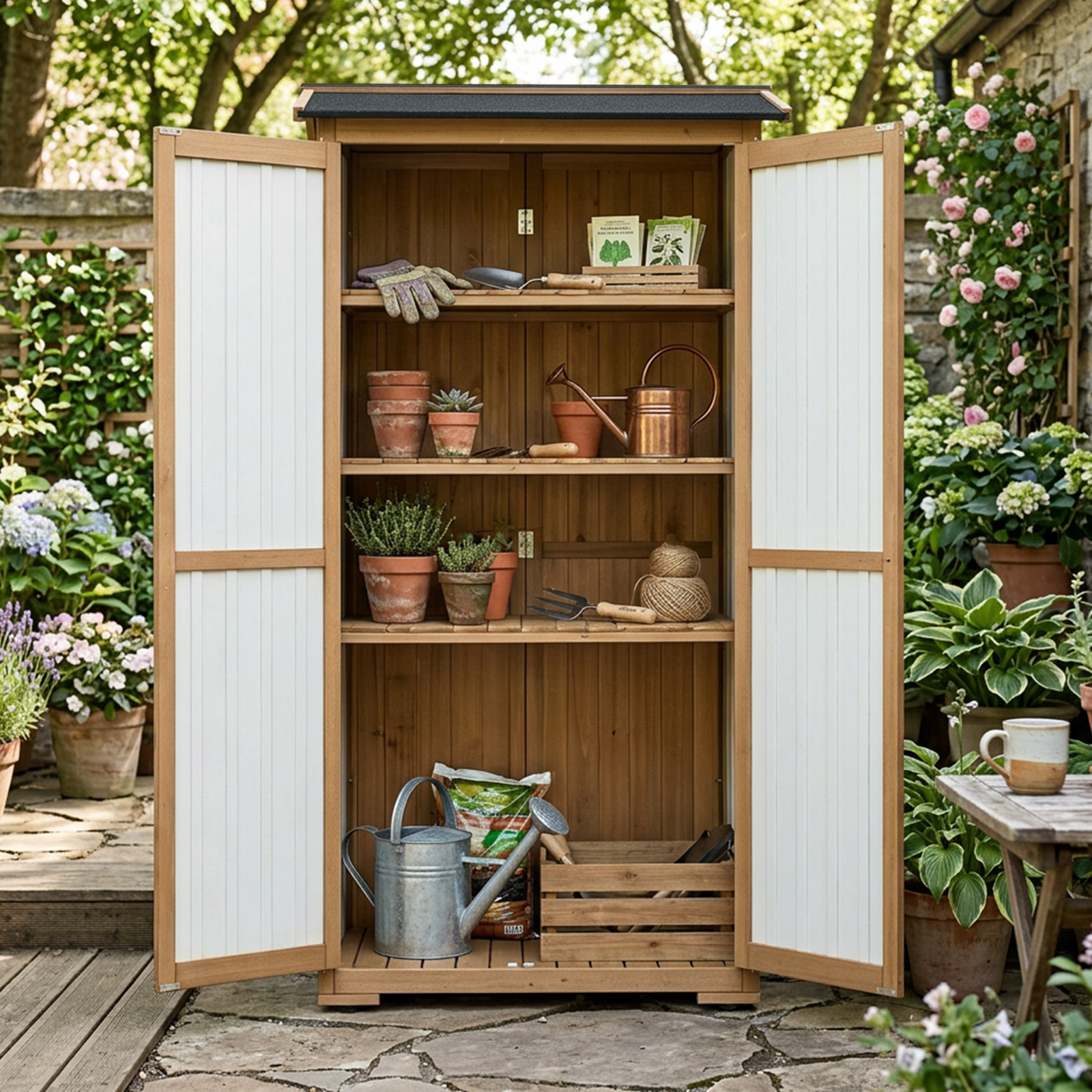 Outdoor Storage Cabinet with Shelves, Waterproof Roof-GF37