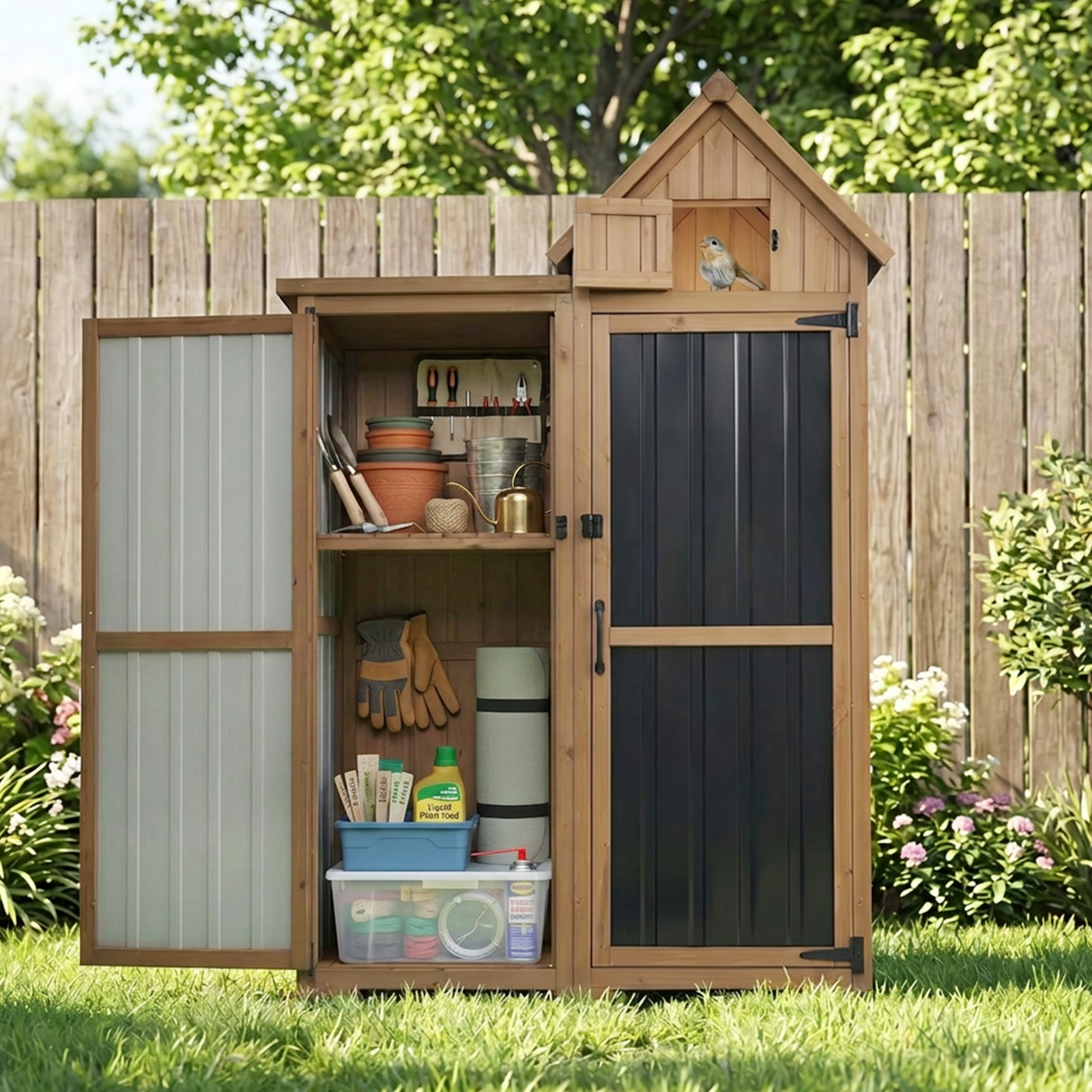 Outdoor Storage Cabinet, Wood & Metal Garden Shed with Lockable Doors-GF41