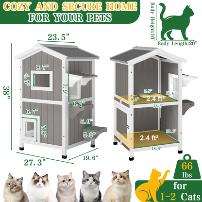 Two-Story Wooden Feral Cat Shelter with Asphalt Roof-04-GREYWHITE