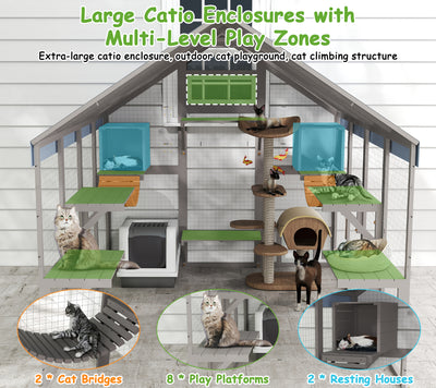 Weatherproof Walk-In Cat Enclosure with Bridges,4 Platforms & 2 Resting Boxes-PET12NEW